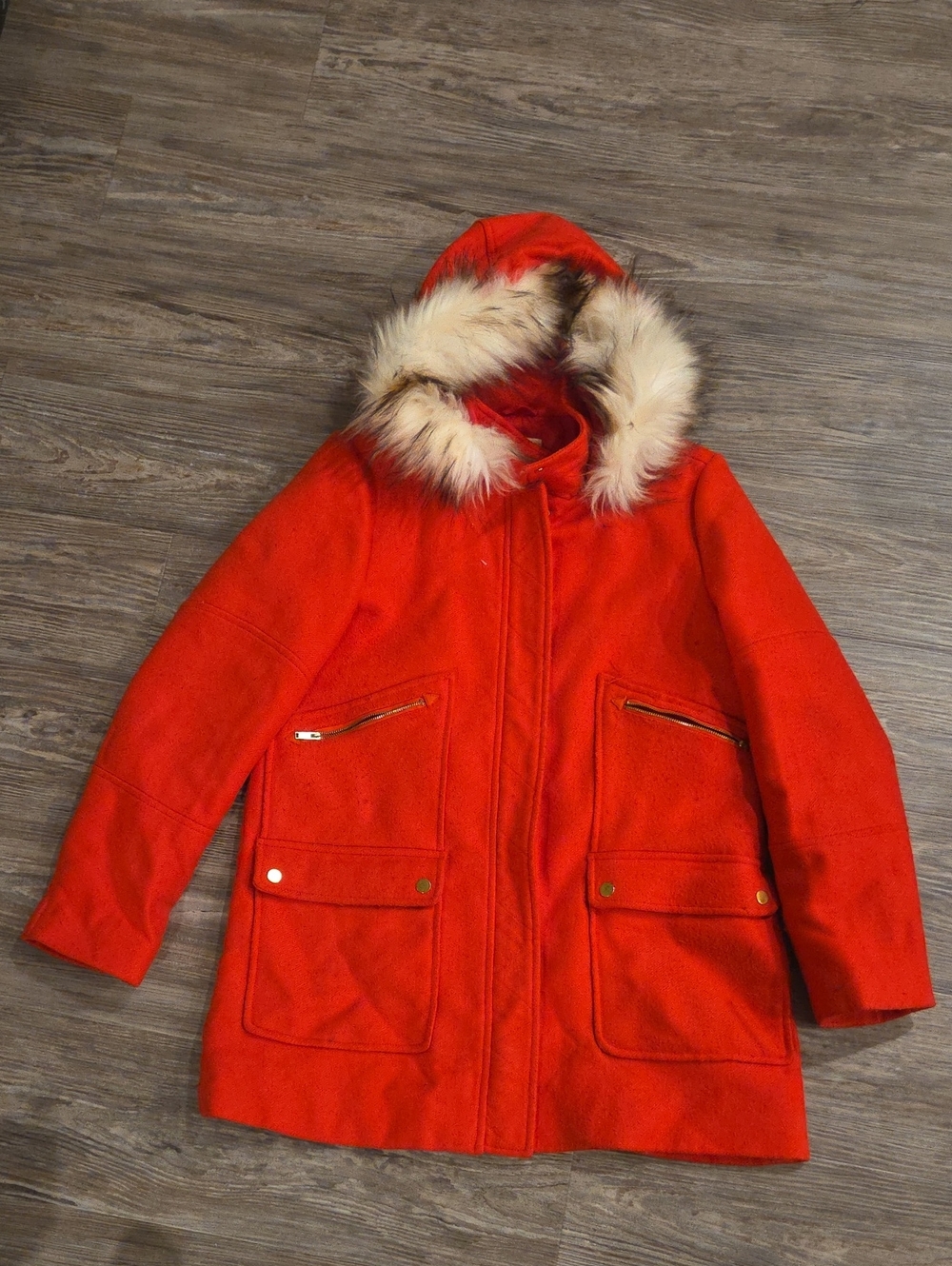 Maison Jules Vibrant Red Hooded Puffer Coat with Faux Fur Trim
